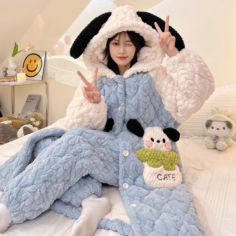 省服女士睡袍秋冬季2024年新款提花绒三层夹棉睡衣加厚加绒家居服