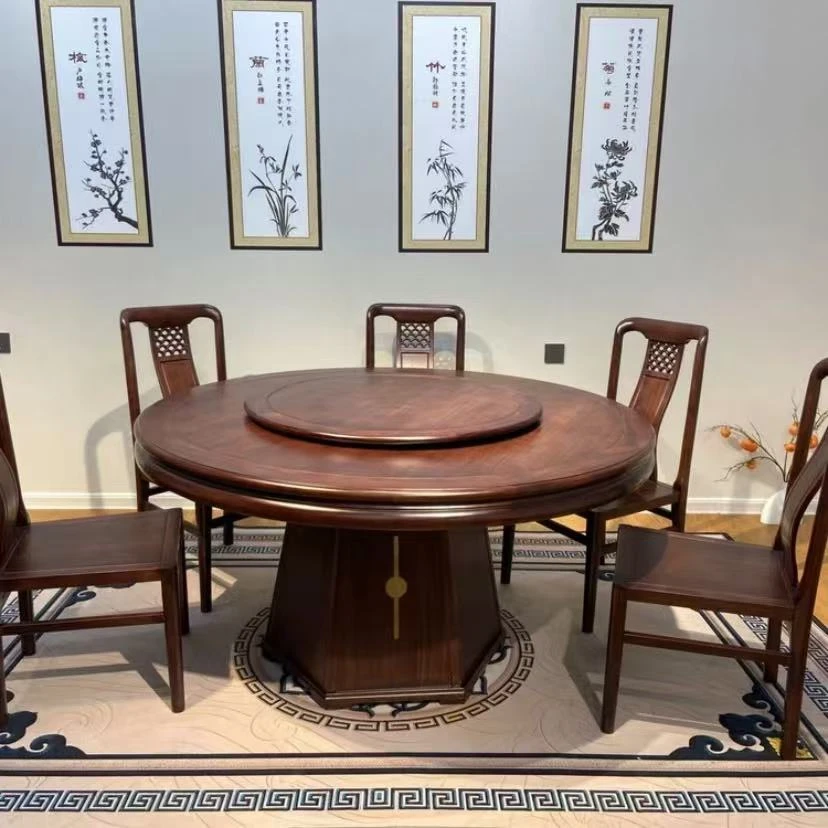【源头工厂】乌金木带转盘圆桌餐桌家用8-10人实木餐桌高级家具餐桌