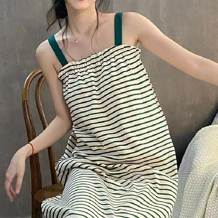 夏季新款睡裙女定制感吊带背心薄款休闲条纹宽松可外穿韩版睡裙