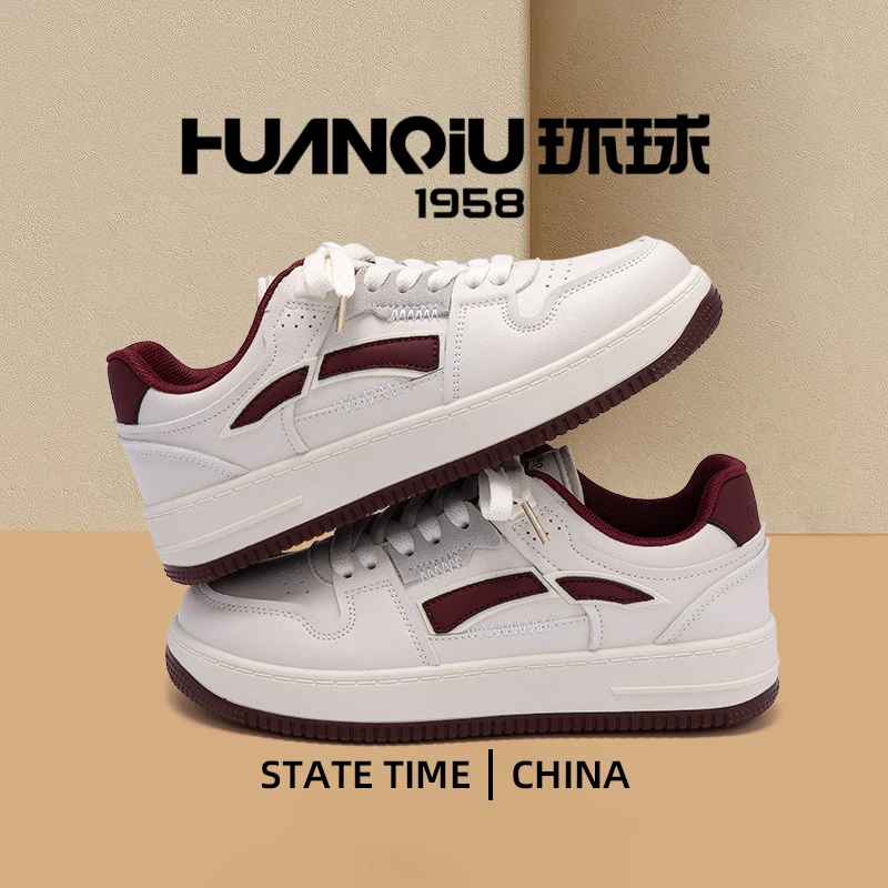 环球女鞋时尚韩版酒红色休闲板鞋2025新款厚底鞋子ins百搭小白鞋