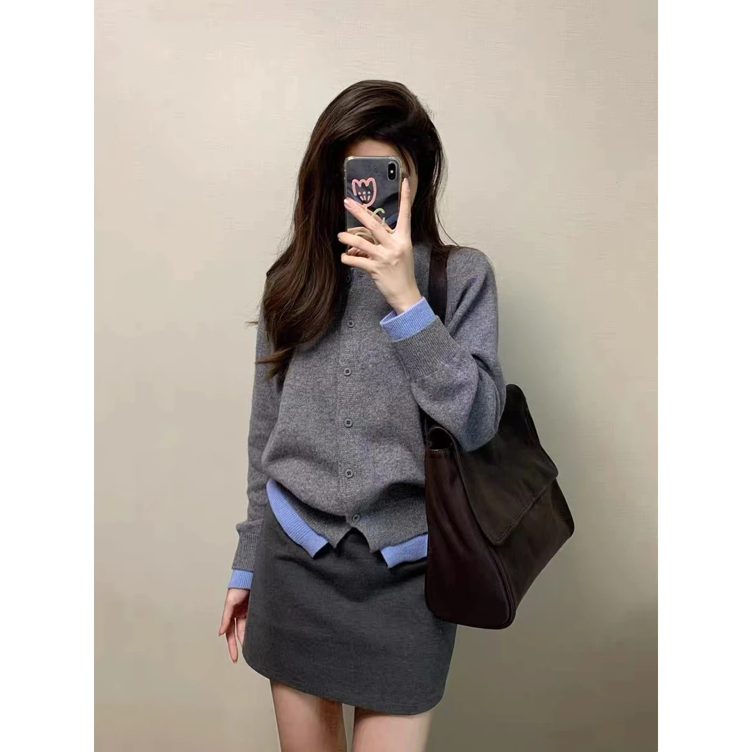 套装韩版假两件软糯针织衫女高级感气质休闲百搭纽扣开衫外套5511