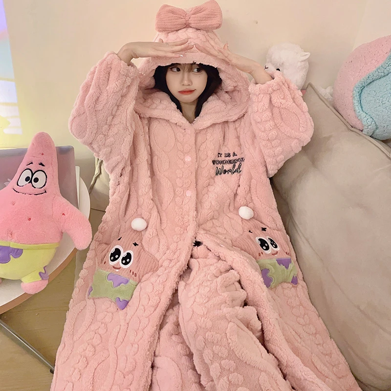 珊瑚绒睡袍女士秋冬季法兰绒睡衣女连帽加厚保暖卡通家居服 2291