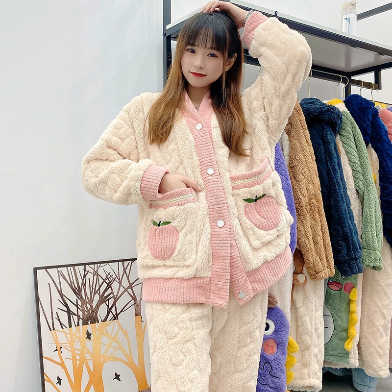 秋冬季法兰绒睡衣女士加厚珊瑚绒甜美水蜜桃宽松家居服套装 2214