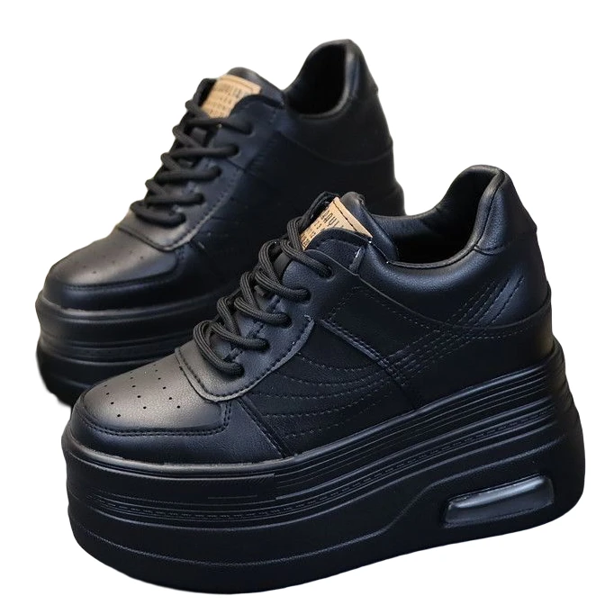 时尚全黑超高跟12cm内增高女鞋皮面春季新款车缝线厚底休闲运动鞋