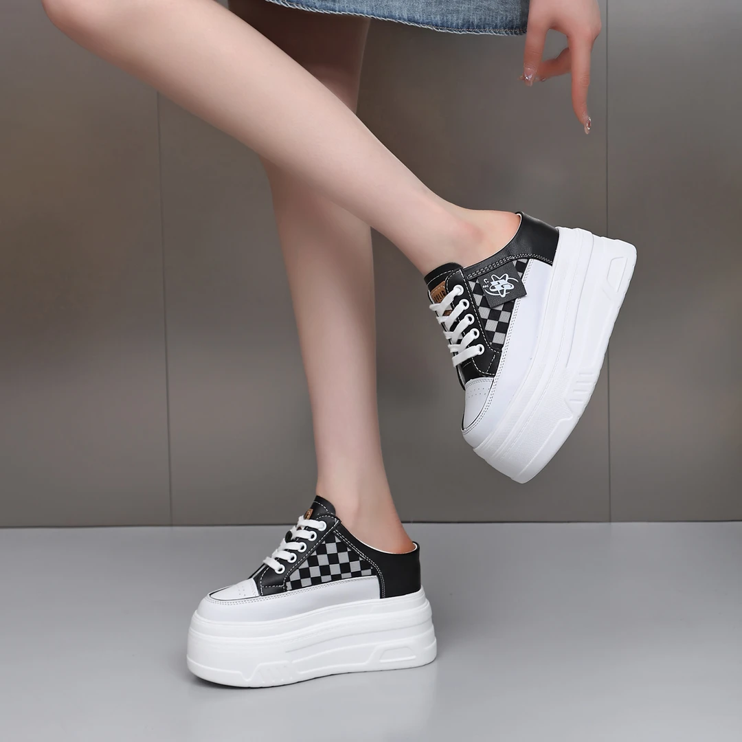 增高显瘦12cm网布透气小白鞋女一脚蹬小个子包头无后跟懒人女拖鞋