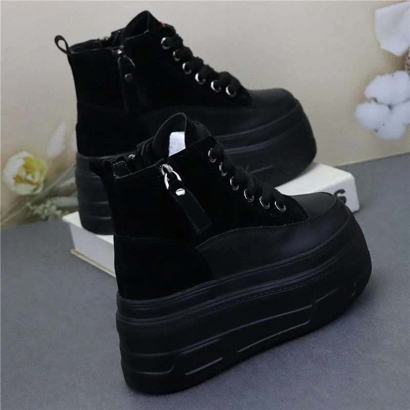 高帮加绒保暖女棉鞋矮个子秋冬双拉链内增高13cm小个子棉鞋小白鞋