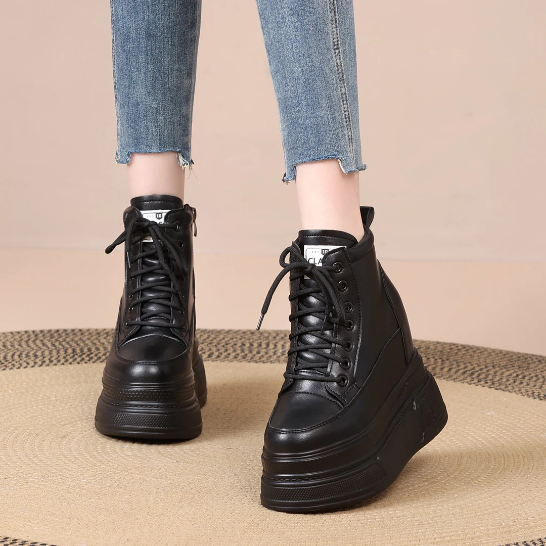 黑色增高13cm厚底高帮鞋秋冬新款超高跟女鞋小个子百搭时尚休闲鞋