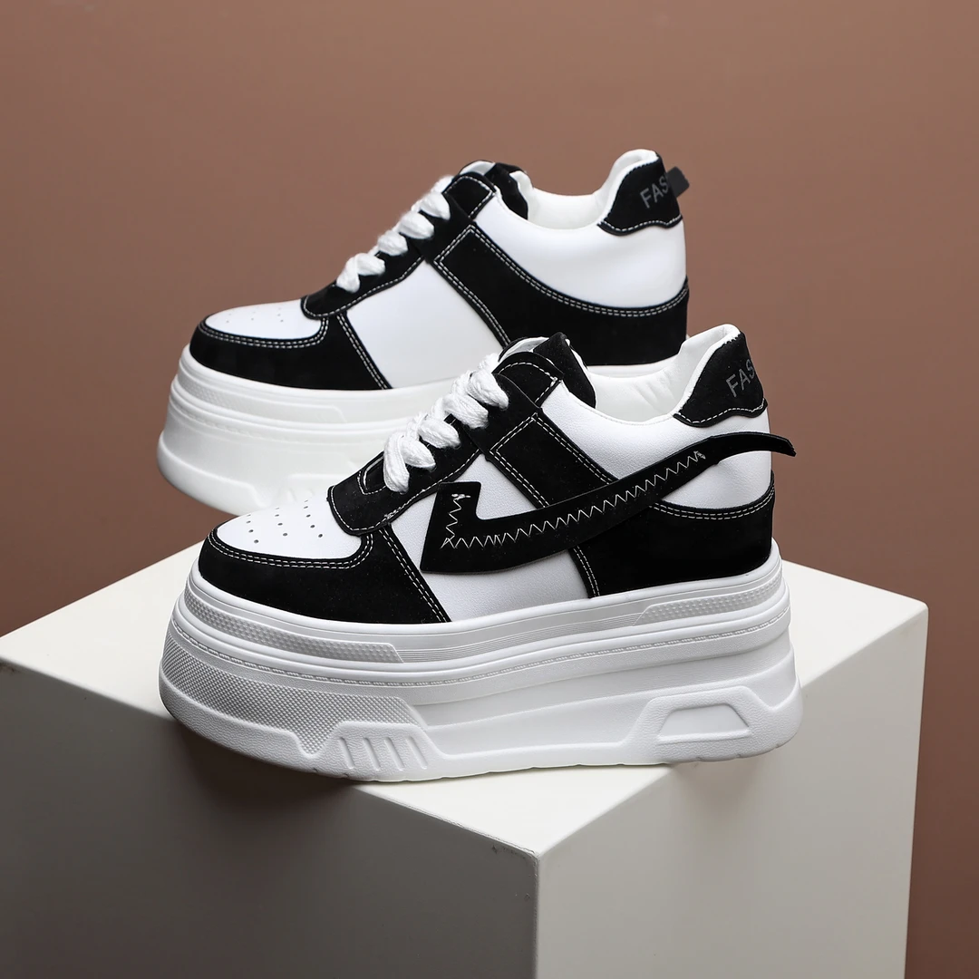 黑白超高跟12cm隐形内增高女鞋2024春季新款厚底小白鞋运动休闲鞋