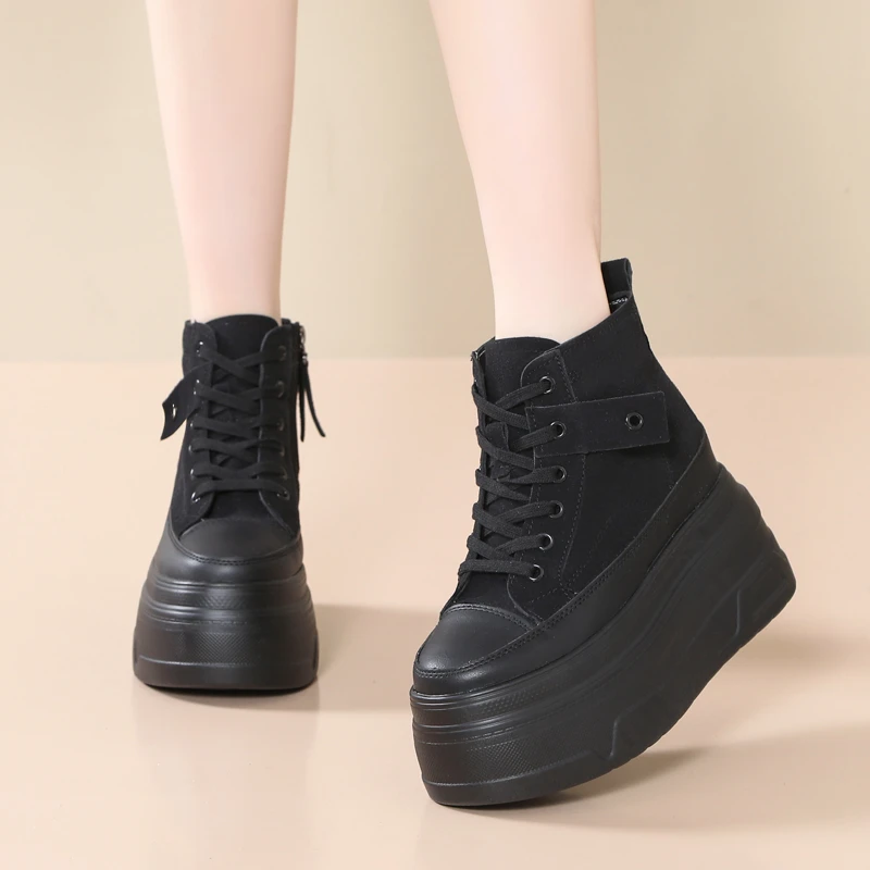 全黑内增高13CM高帮女鞋磨砂厚底11厘米松糕鞋秋季百搭小个子单鞋