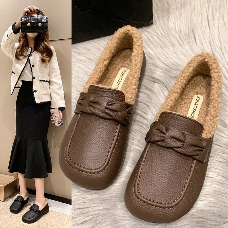 真皮复古软底时尚休闲懒人豆豆鞋羊羔毛舒适平底妈妈鞋保暖棉鞋