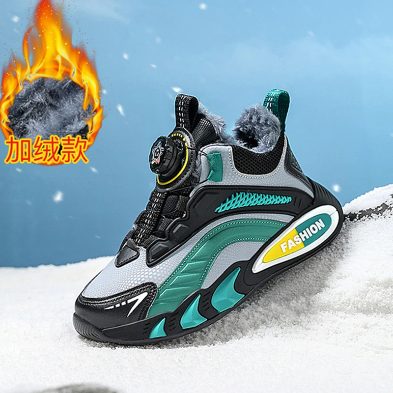 abc kolo儿童运动鞋秋冬厚绒棉鞋男童保暖旋纽扣儿童鞋男孩6-12岁