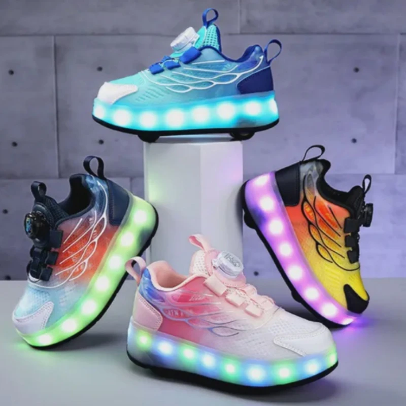 ABC kolo女童暴走鞋透气网亮闪灯儿童四轮可收缩溜冰鞋男孩轮滑鞋