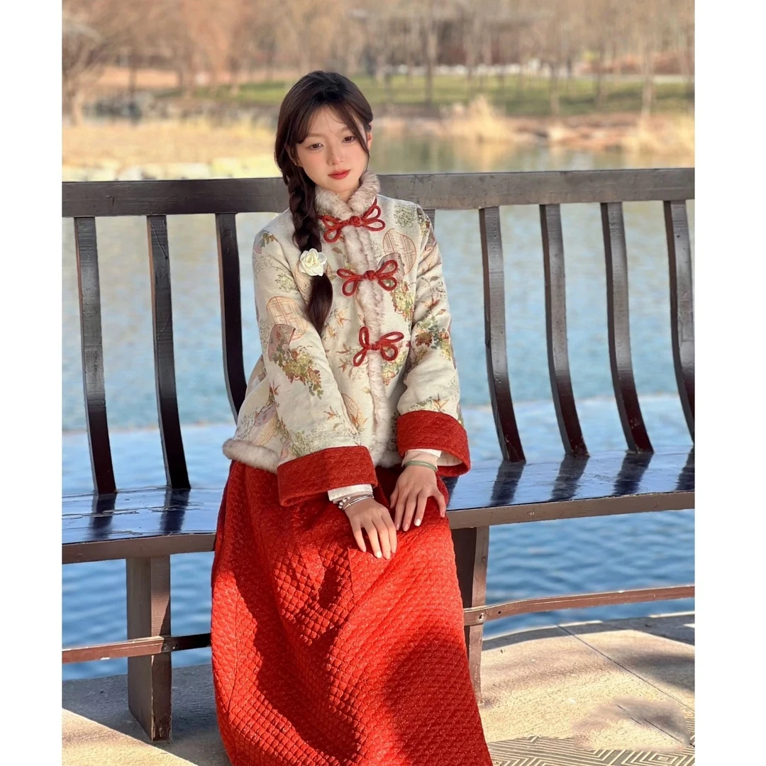 【现货】新中式国风盘扣加绒棉服外套蓬蓬捏褶半身长裙富家千金套装