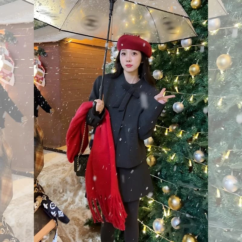 【现货】2024冬季新款设计师蝴蝶结洋气外套半身裙时尚气质显瘦套装