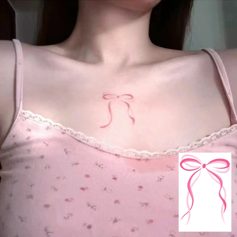 Q-SQH 芭比小蝴蝶结细长甜妹可爱性感胸口前肩膀手臂纹身贴防水女