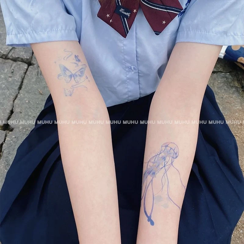 纯欲水母浪漫彩色纹身贴可水洗手臂大腿小众甜酷辣妹少女心可爱女