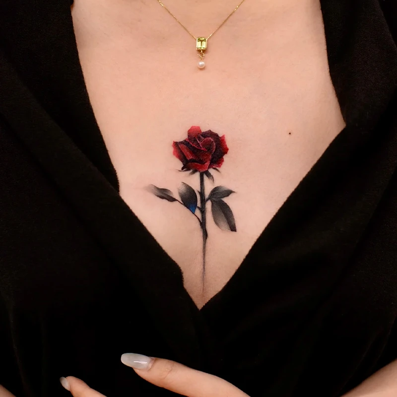 Q-SQH 水墨高颜值玫瑰花彩色纹身贴纸胸前逼真持久唯美女款可水洗