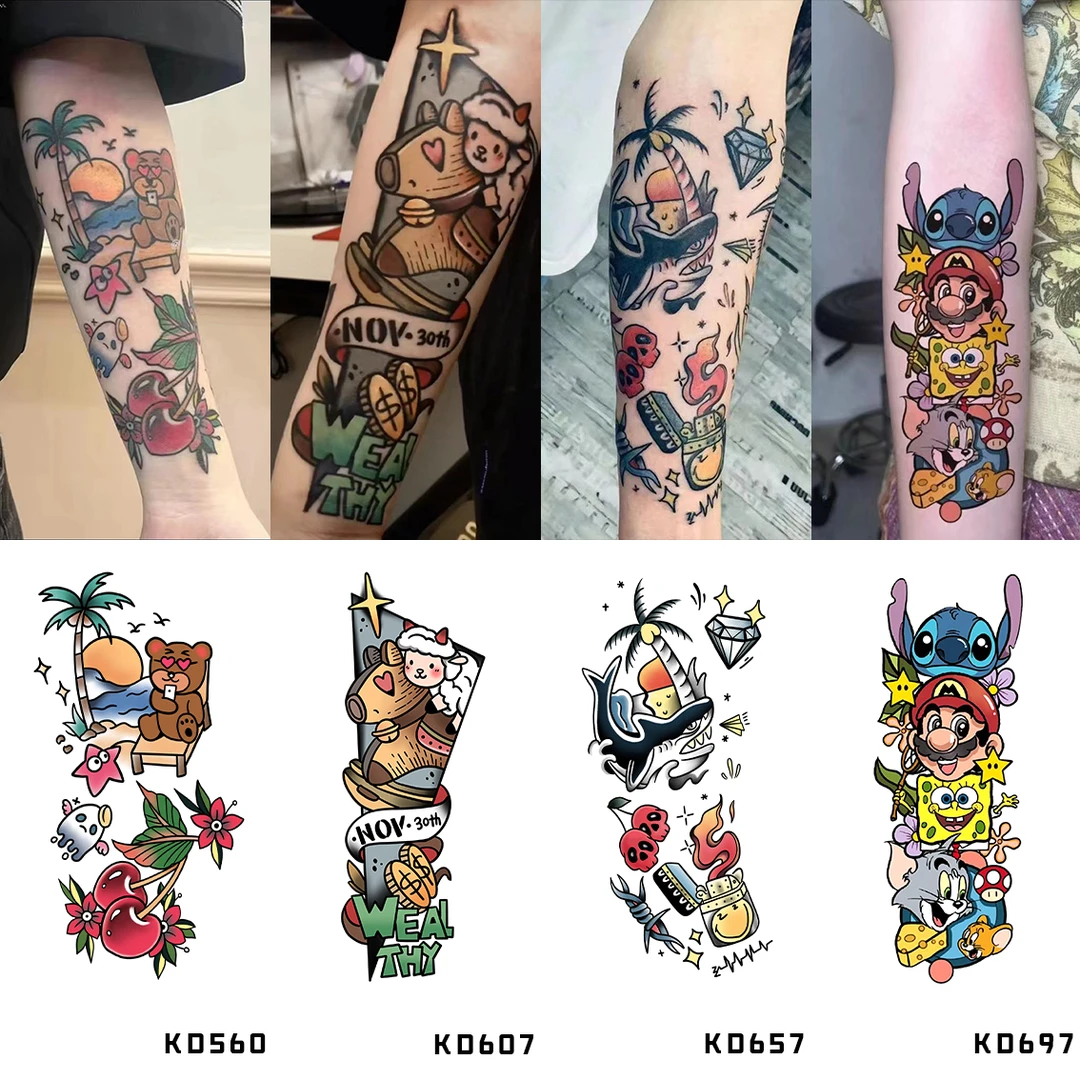 oldschool拼接海绵宝宝花臂彩色纹身贴ins风持久防水男女卡通贴纸