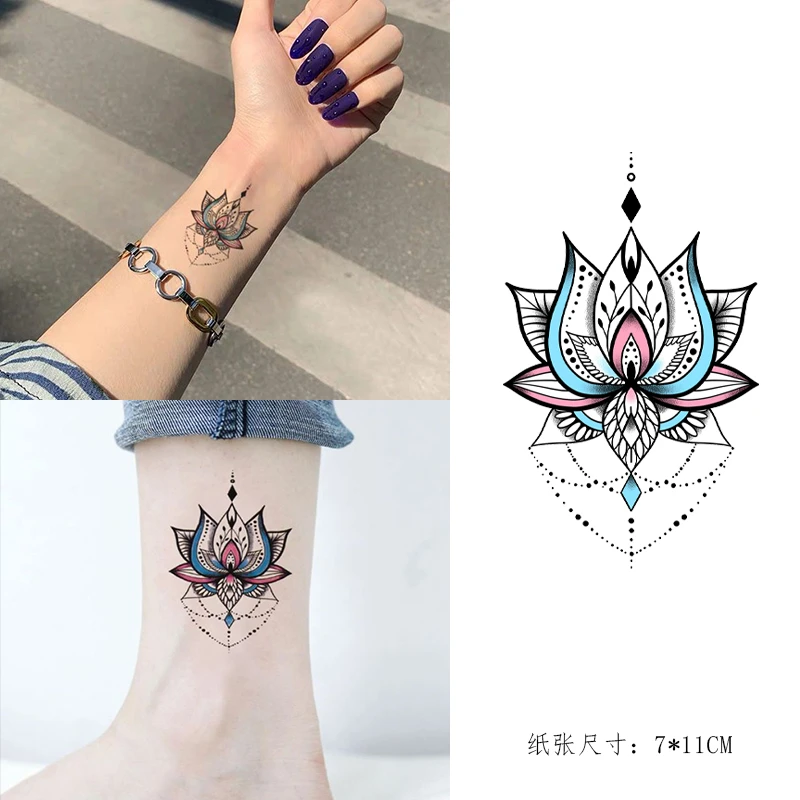 防水纹身贴女 莲花梵境图腾瑜伽彩色复古 持久仿真使用可水洗小众