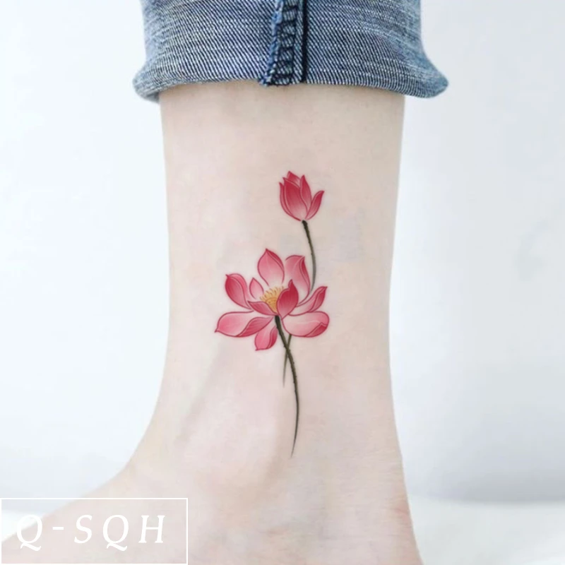 Q-SQH 清新荷花脚踝性感防水女持久高端纹身贴新中式半永久贴纸