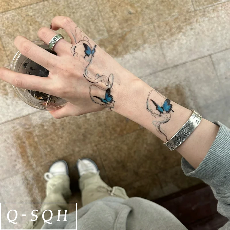 Q-SQH 新款高颜值缠绕蓝蝴蝶个性彩色纹身贴防水甜酷辣妹手背逼真