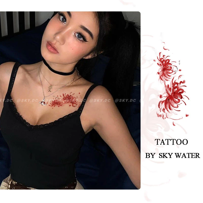 彼岸花彩色纹身贴 ins性感辣妹高颜值腰腹锁骨大腿逼真 防水持久