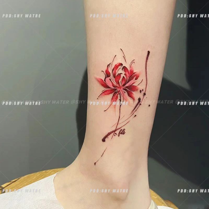 新款余烬彼岸花彩色纹身贴中国风高颜值可水洗持久小腿仿真遮疤女