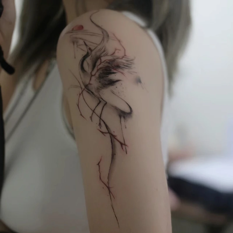 仙鹤与荆棘 纹身师联名款国风水墨仙鹤纹身贴防水持久女仙气花臂