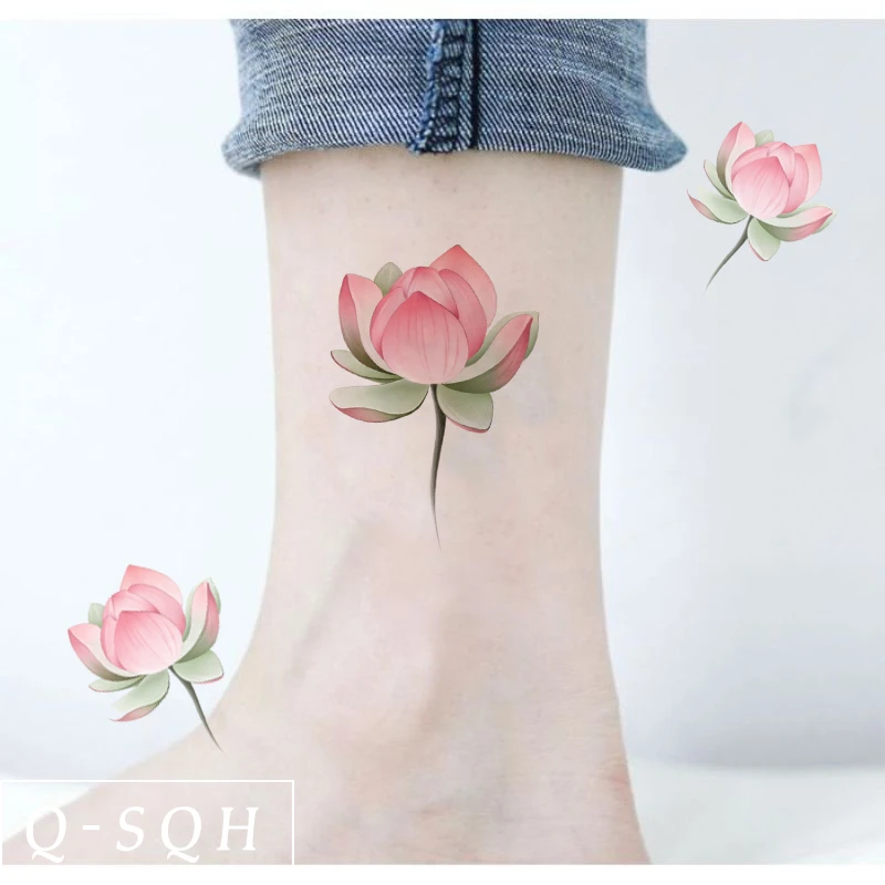 Q-SQH 少女荷花 原创纹身贴ins小图防水女士持久肩膀小腿脖子花朵