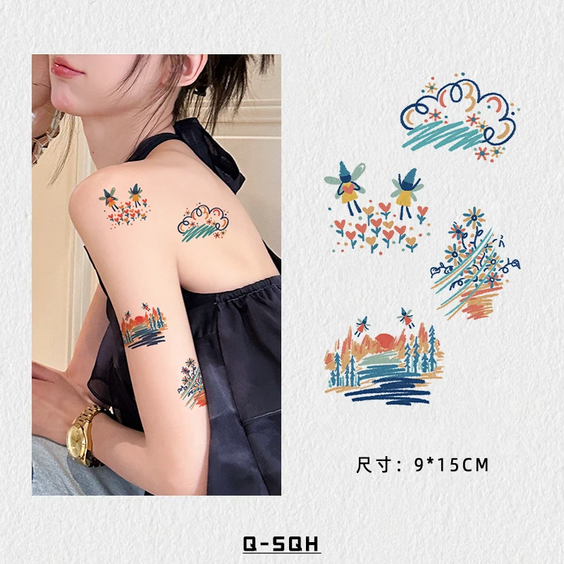 Q-SQH 手绘世界 可爱小图案清新半永久手臂彩色纹身贴儿童防水女
