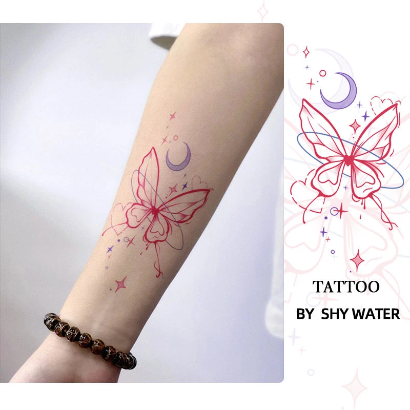 蝶翼星渚纹身贴彩色学生党可洗蝴蝶粉色梦幻日系防水防汗夏日花臂