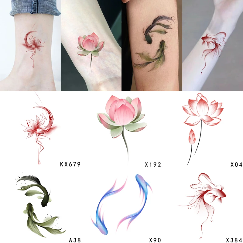 Q-SQH 莲花荷花锦鲤古风纹身贴防水持久女款锁骨小清新唯美遮疤痕