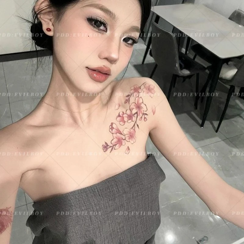 肩部胸前桃花ins彩色持久纹身防水高颜值性感锁骨手臂辣妹纯欲风