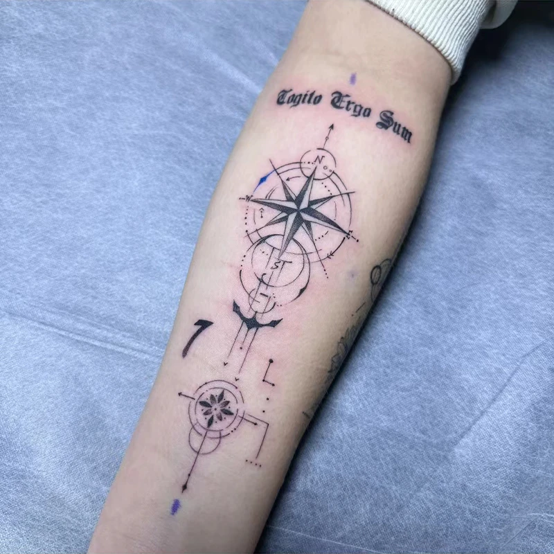 Q-SQH 追逐梦想 鹿晗同款指南针男女花臂草本纹身贴防水持久逼真