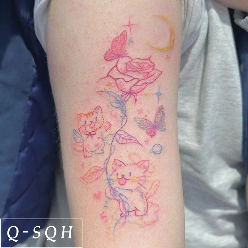 猫猫养玫瑰卡通彩色纹身贴防水持久女ins风小清新蝴蝶手臂甜酷萌