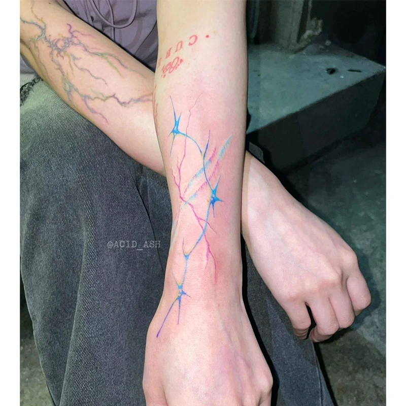 闪电交织高颜值彩色纹身贴ins 唯美多巴胺y2k少女心手臂可水洗潮