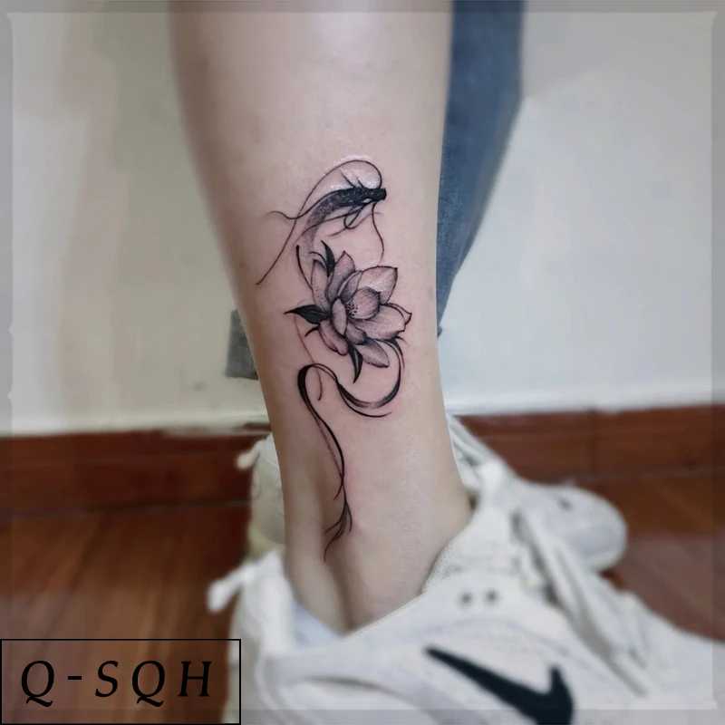 Q-SQH 龙缠荷花 中国风水墨草本纹身贴持久防水性感果汁小腿女男