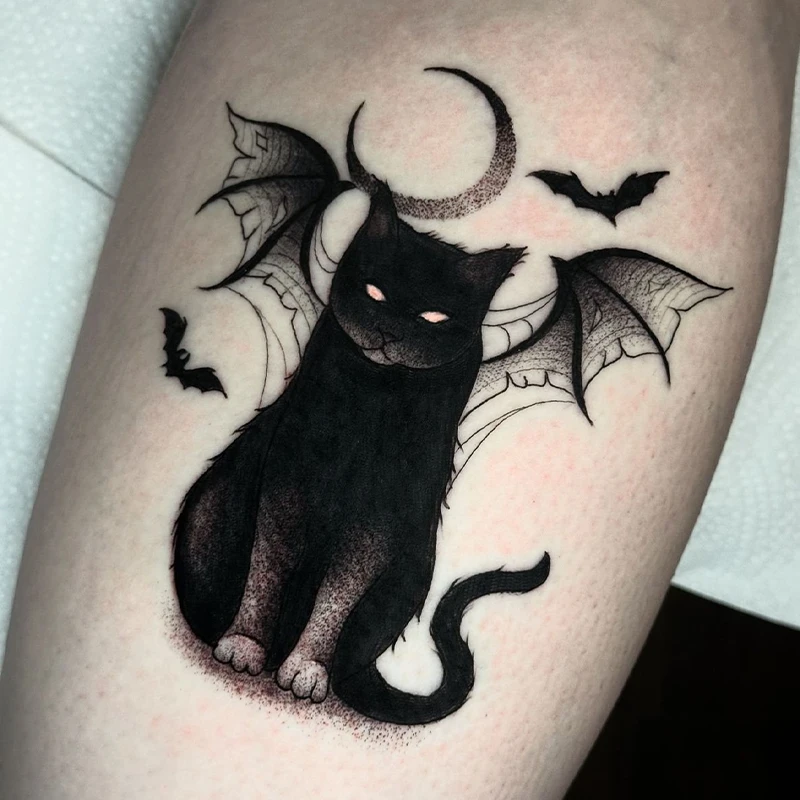 暗黑恶魔猫咪ins同款遮疤手臂草本半永久果汁刺青纹身贴霸气防水