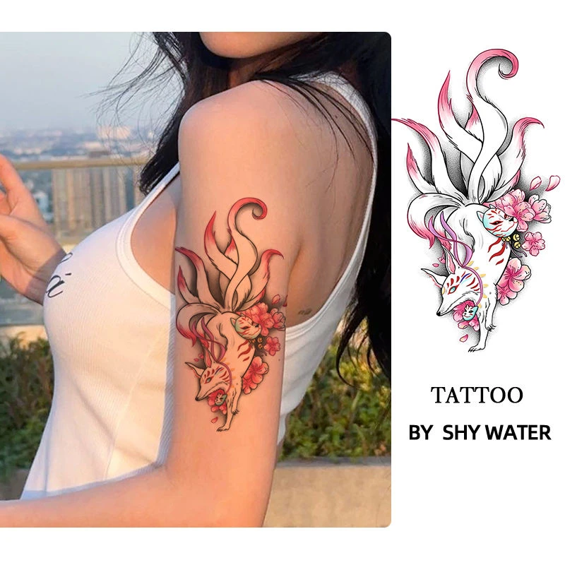 桃运仙狐彩色纹身贴ins可爱甜酷少女花臂后背性感高颜值持久贴纸
