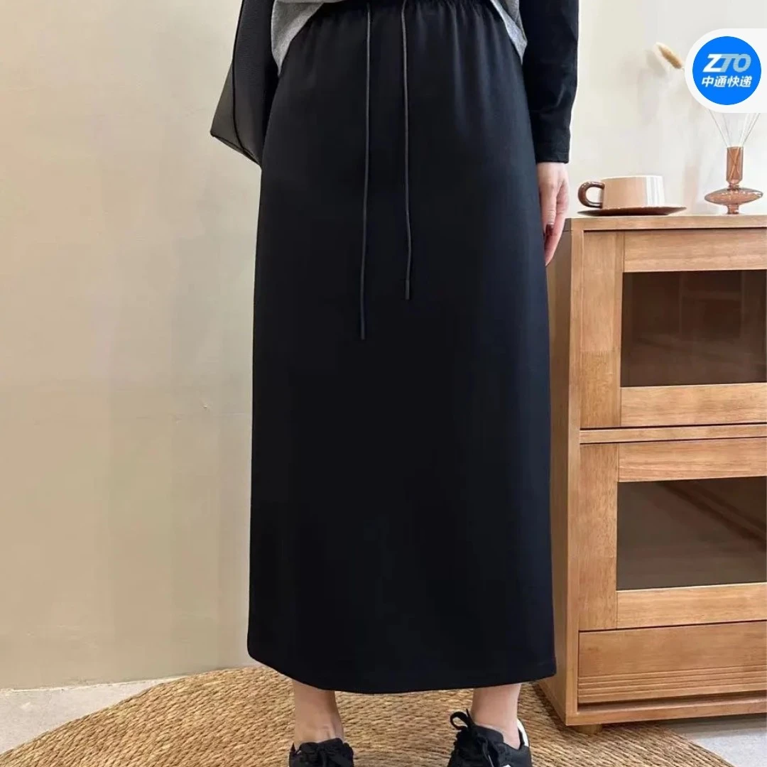 苗苗家~醋酸压褶高腰后开叉半身裙