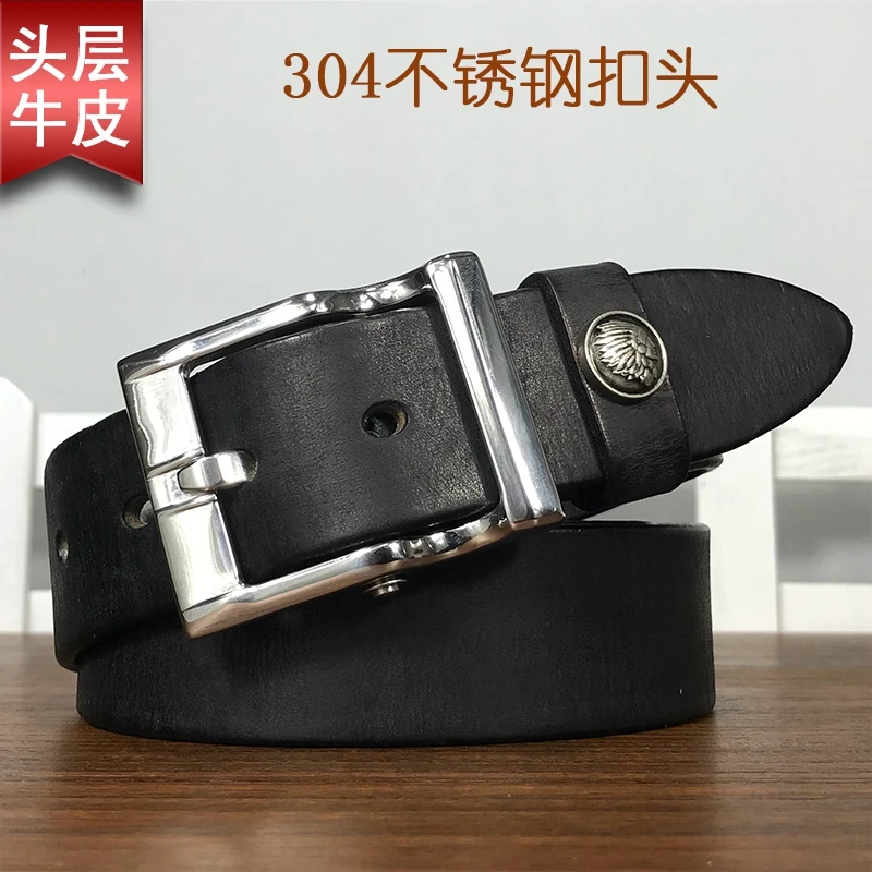 男士不锈钢针扣皮带头层牛皮腰带真皮休闲裤带百搭复古大气款牛仔