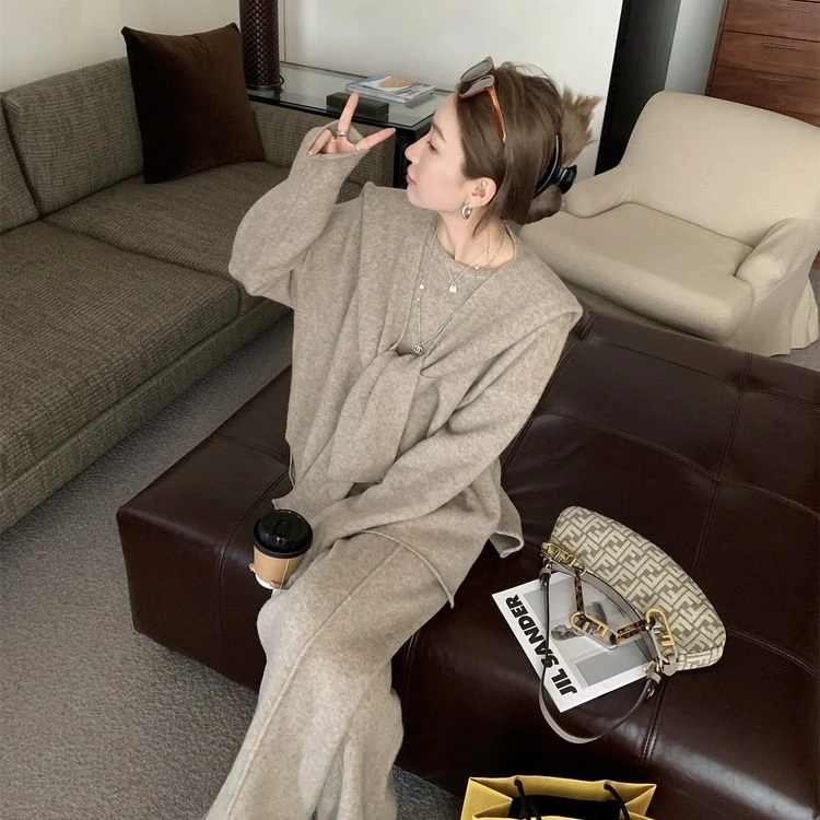 秋冬小香风高级感气质名媛轻奢韩剧针织套装毛衣披肩阔腿裤三件套