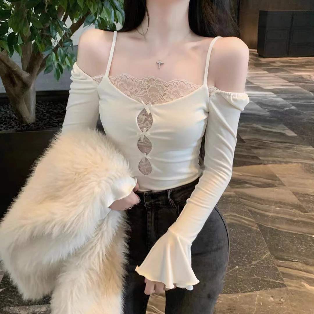 （胖珊）纯欲风性感蕾丝长袖T恤女秋冬新款修身短款上衣2907