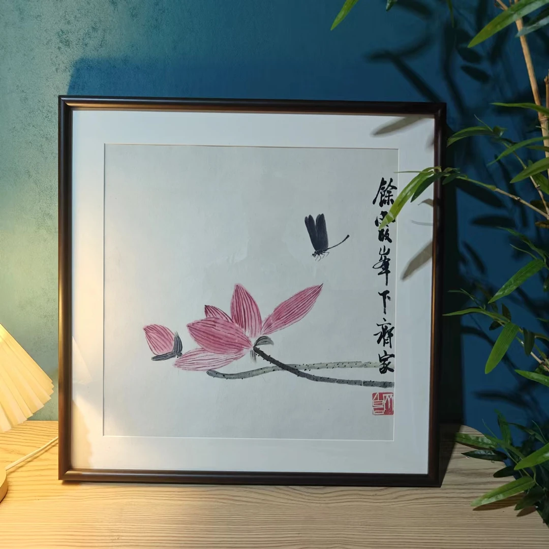 【266】50*50荷花图纯实木框客厅家居装饰挂墙画