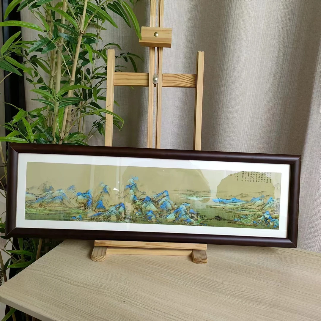 【654】20*70千里江山图纯实木框客厅茶室装饰挂墙画