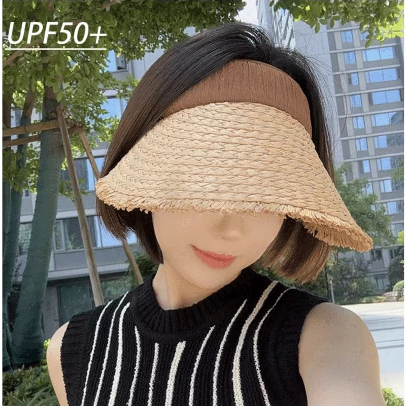 大帽檐草编空顶草帽度假风出游帽户外遮阳帽子女太阳帽可折叠