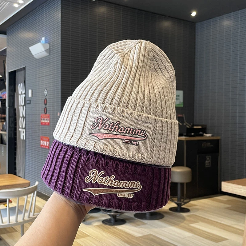 复古字母水洗棉毛线帽子男女冬季显脸小保暖针织帽套头帽情侣潮帽