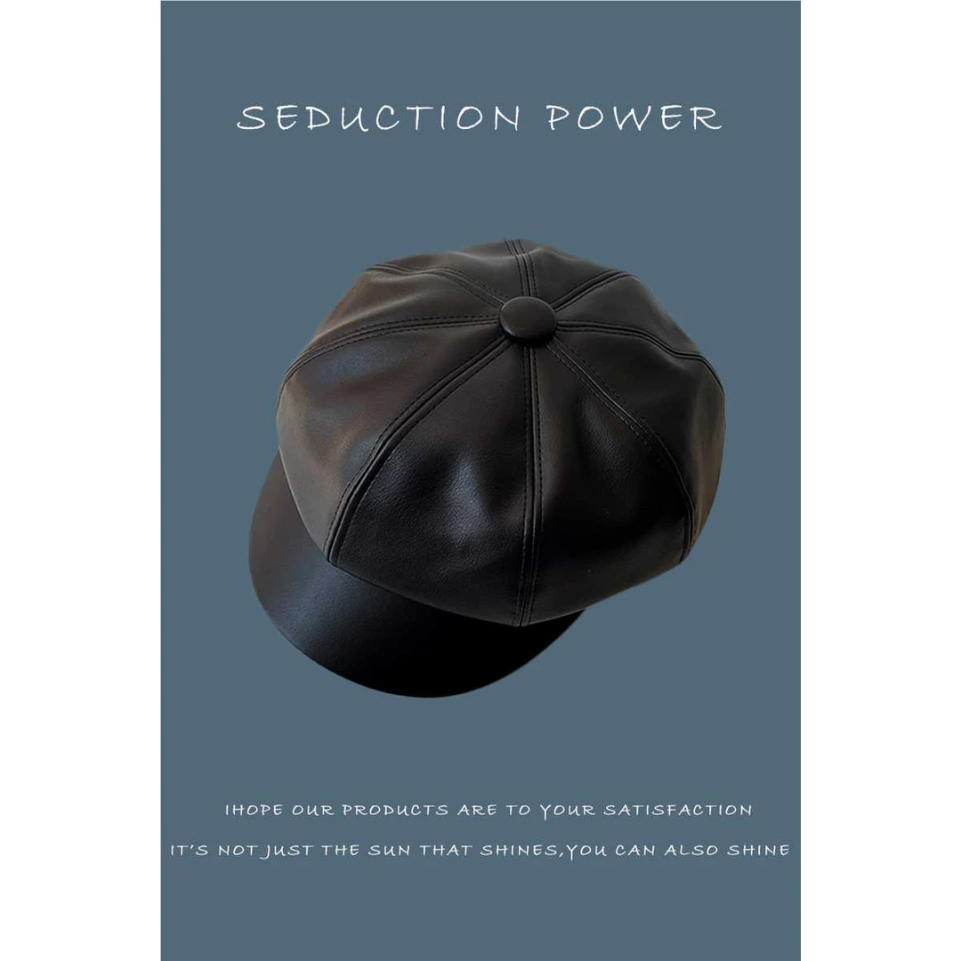 黑色皮质贝雷帽女款英伦设计感复古百搭日系韩版春秋南瓜八角帽子