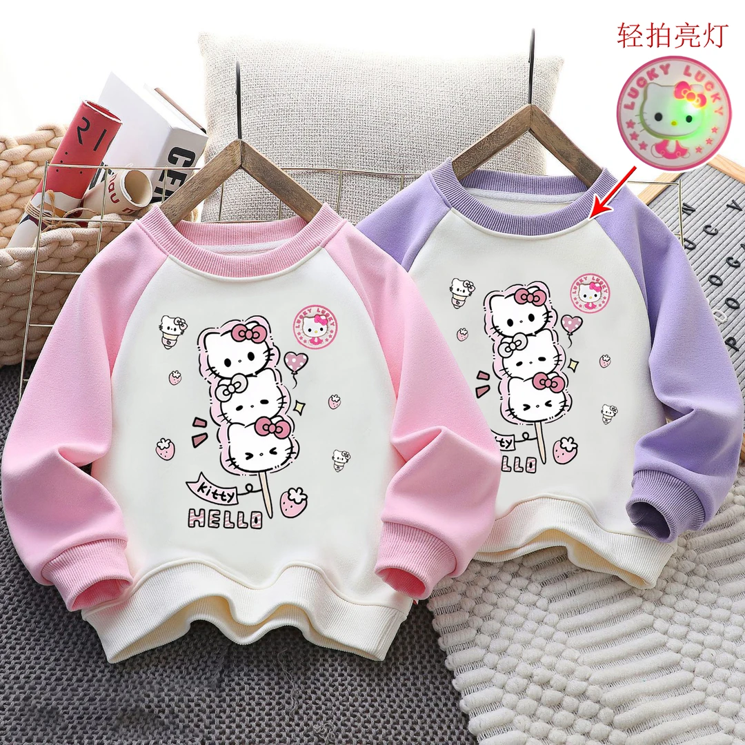 秋冬季亮灯发光女童加绒卫衣洋气卡通插肩加厚女孩潮流中大童长袖