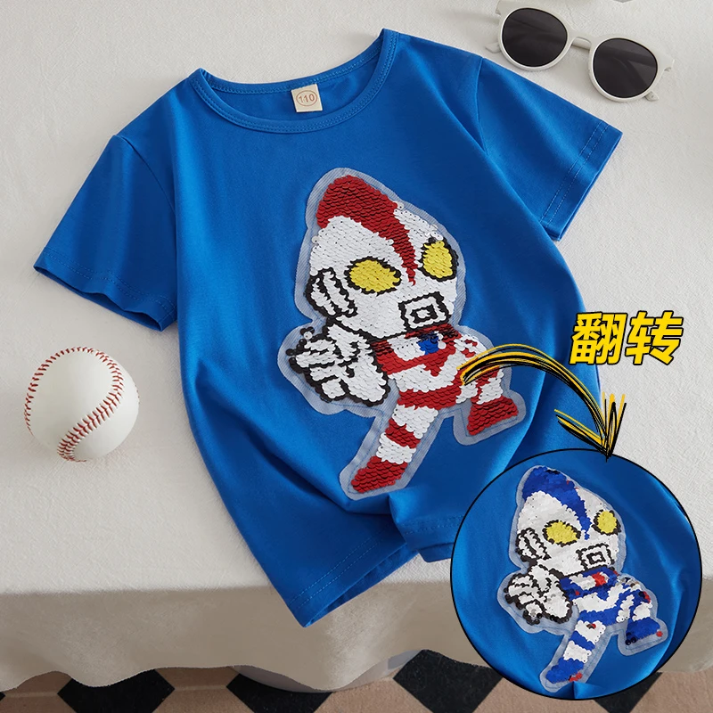 纯棉亮片可变色衣服卡通儿童衣服短袖t恤夏季新款宽松男童半袖潮